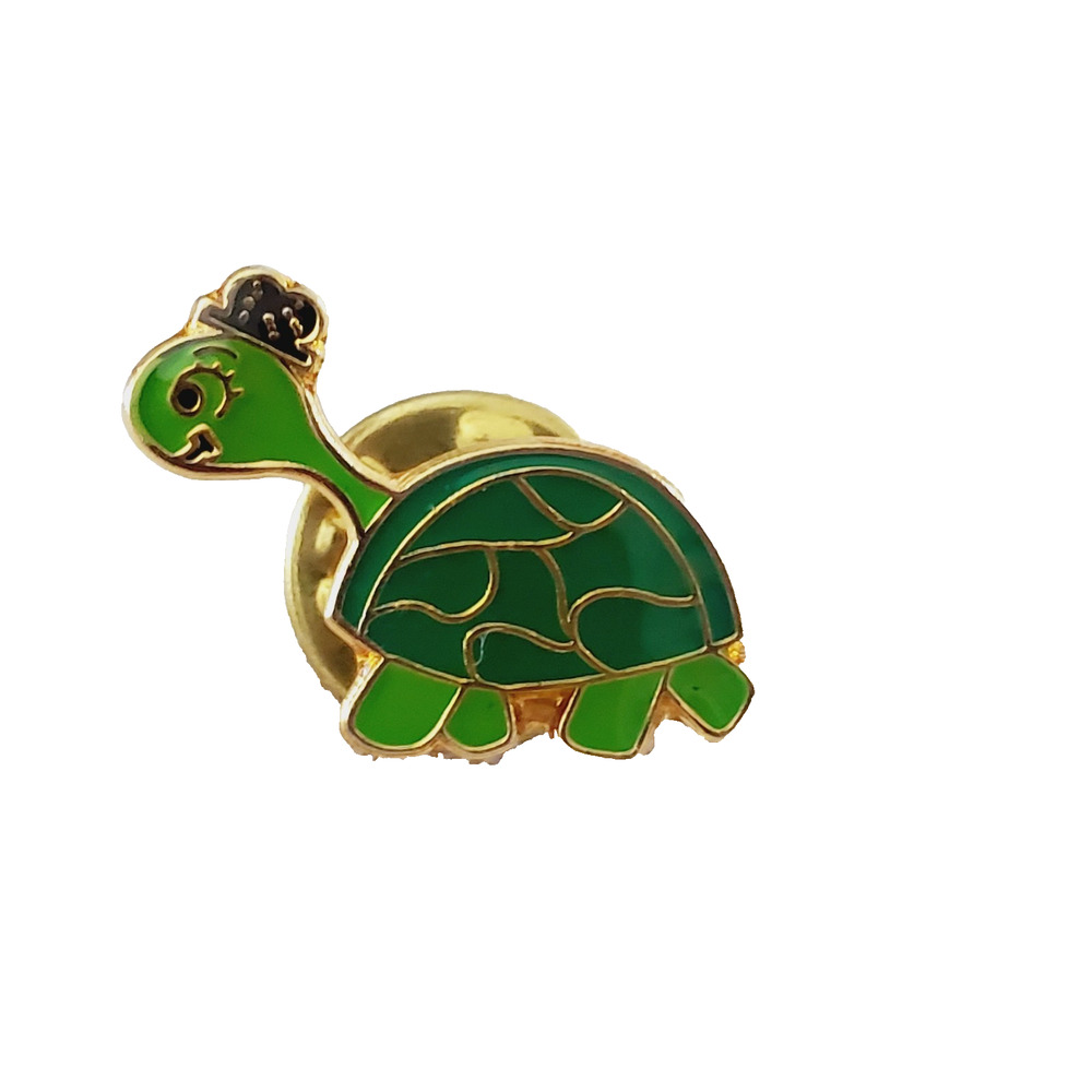 Vintage Metal Enameled Turtle In Hat Tiny Pin Brooch Gold Tone Green 70s Happy